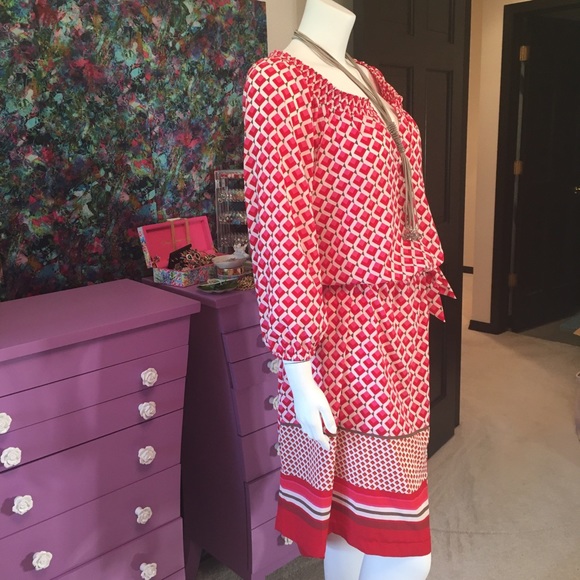 Old Navy Red Pink Grey Trellis Print Dress - Picture 2 of 8